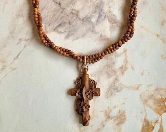 Vintage Victorian French Wooden Cross Necklace With Carved Flowers