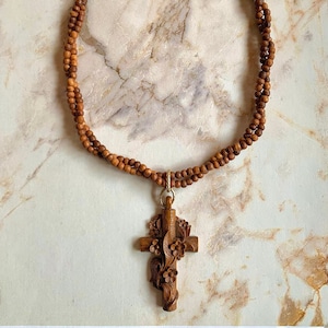 Vintage Victorian French Wooden Cross Necklace With Carved Flowers image 1