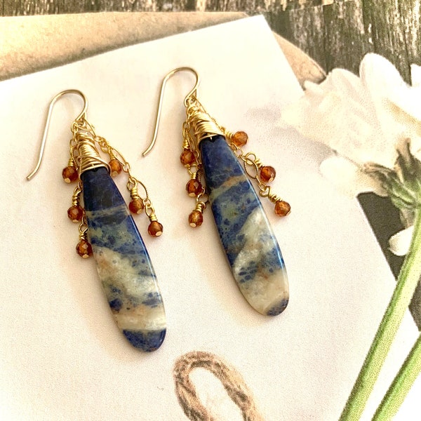 Blue Sodalite & Orange Hessonite Garnet 14k Gold Filled Dangle Drop Gemstone Earrings