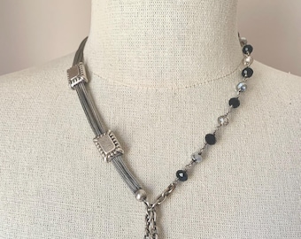 Vintage English Edwardian Sterling Silver Watch Chain Necklace With Tassel Fob & Crystal Chain