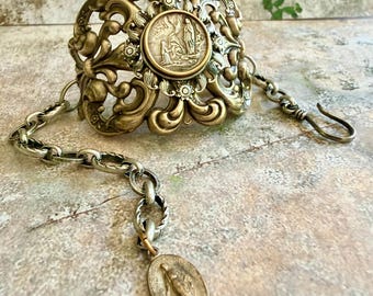 Vintage French Virgin Mary Lourdes Apparition 2-Tone Religious Cuff Bracelet