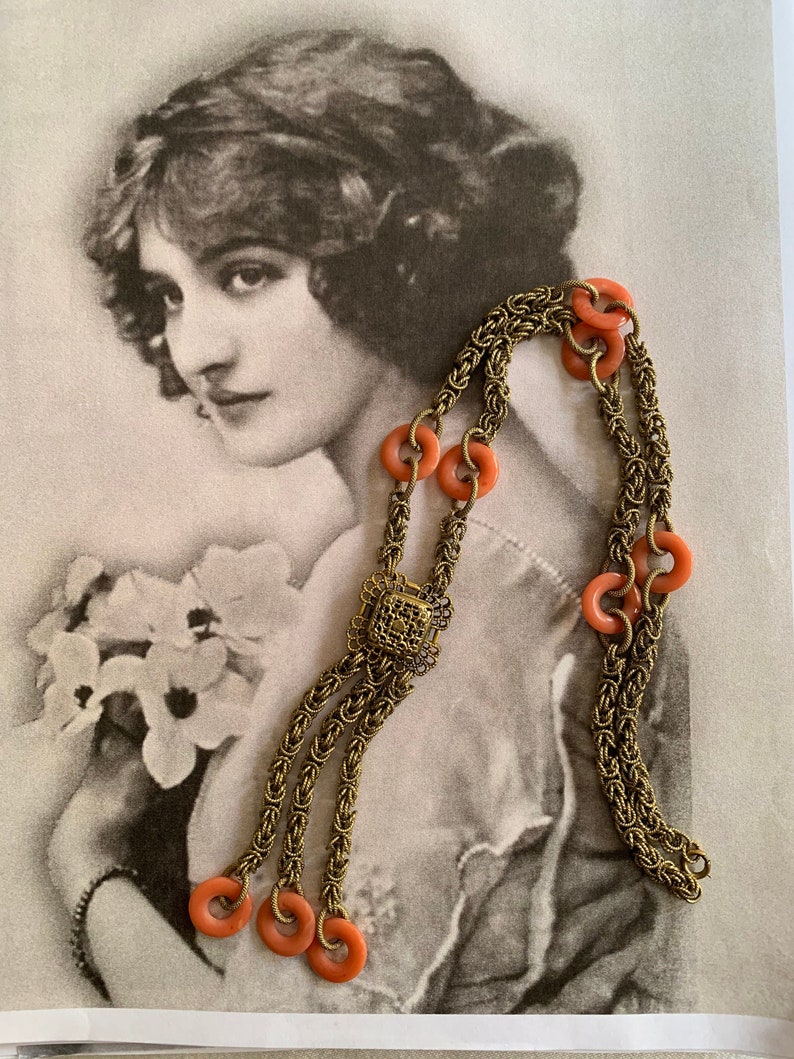 Vintage Art Deco Gold Gilt Byzantine Filigree Chain Necklace With Genuine Coral Rings