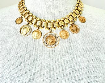 Vintage French Virgin Mary Religious Gold Medals, Etched Book Chain Necklace