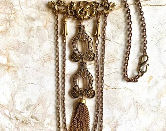 Vintage Gold Gilt Brass Multi Chain Cascade Necklace With Tassel