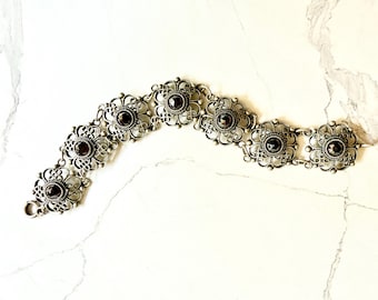 Vintage European Sterling Silver Filigree Panel Link Bracelet, Genuine Garnet Gemstones