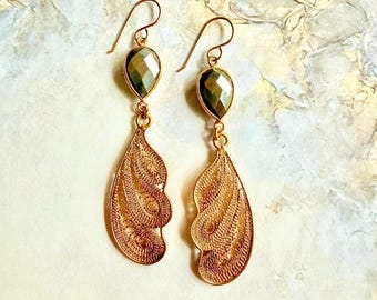 Vintage Gilt Brass Filigree Earrings With Faceted Pyrite Drops