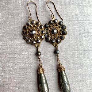 Vintage Cut Steel & Gold Gilt Filigree Dangle, Drop Earrings With Pyrite Drops