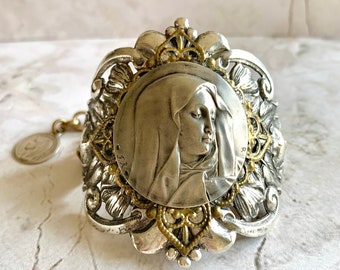 Vintage French Virgin Mary Silver Religious Cuff Bracelet