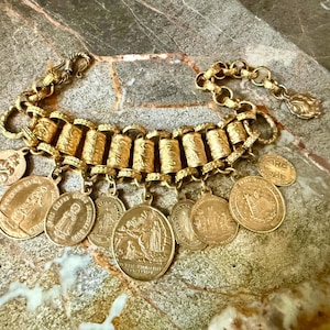 Antique Gold Book Chain Charm Bracelet With Vintage French Virgin Mary Religious Medals