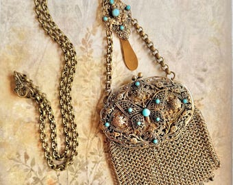 Vintage French Victorian Butterfly Mesh Purse Chatelaine Pendant Necklace, Turquoise Stones