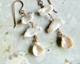 White Freshwater Keshi Pearl 14k Gold Filled Dangle Drop Earrings- Bridal, Wedding