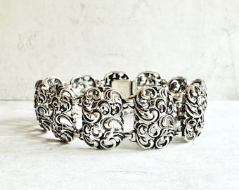 Vintage Art Nouveau Sterling Silver Scroll Panel Link Bracelet