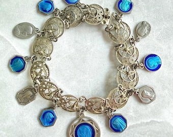 Vintage Sterling Filigree Virgin Mary Blue Enamel Religious Medals Charm Bracelet