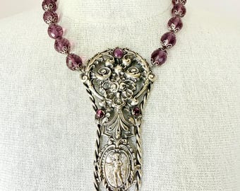 Vintage Victorian Silver Cherub Cupid Pendant Necklace, Amethyst Crystal Beads