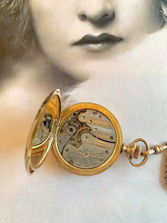 Antique Waltham 14k Gold Pocket Watch Engraved Fl… - image 7