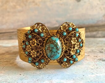 Vintage Czech Floral Brass & Turquoise Blue Glass Filigree Cuff Bracelet