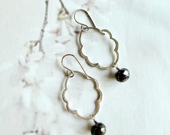 Faceted Black Freshwater Pearl Scalloped Sterling Silver Dangle Drop Earrings