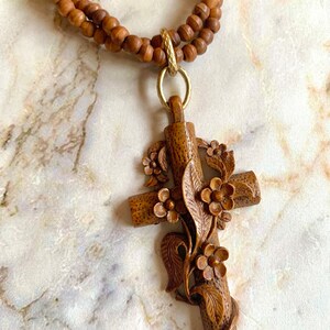 Vintage Victorian French Wooden Cross Necklace With Carved Flowers image 8