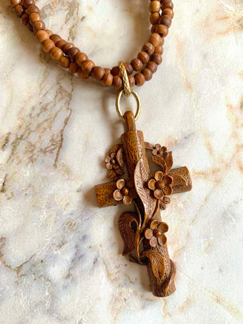 Vintage Victorian French Wooden Cross Necklace With Carved Flowers image 8