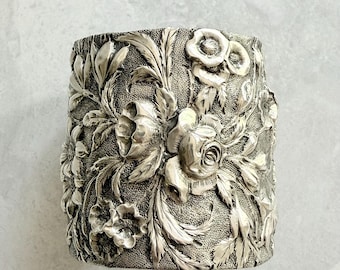 Antique Sterling Silver Victorian Floral Repousse’ Slip-On Cuff Bracelet