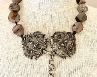 Chunky Agate Gemstone Beaded Necklace With Vintage French Victorian Cut Steel Buckle