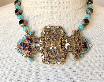 Antique Victorian Enameled Buckle Necklace With Blue Chalcedony & Ruby Czech Glass Beads