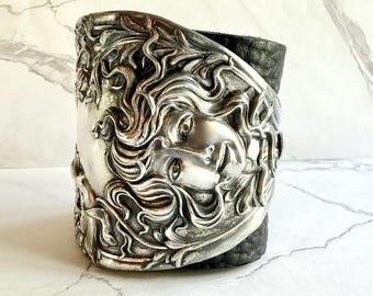 Vintage Art Nouveau Figural "Maiden With Poppies” Woman's Face Silver Cuff Bracelet On Black Leather