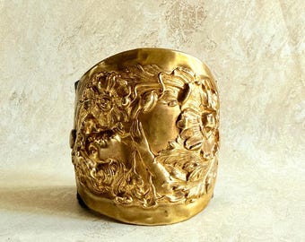 Vintage Art Nouveau 'Maiden With Flowers" Brass Cuff Bracelet on Black Leather Band