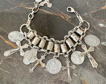 Vintage Etched Silver Book Chain Bracelet With Sacred Heart of Mary & Jesus Charms And Crosses