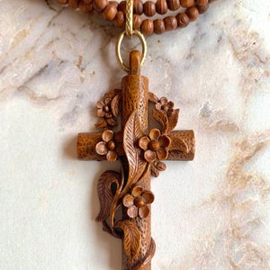 Vintage Victorian French Wooden Cross Necklace With Carved Flowers image 6