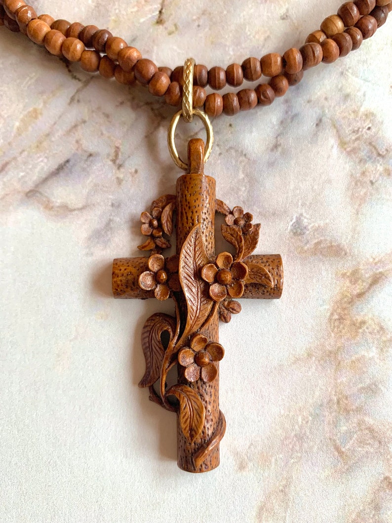 Vintage Victorian French Wooden Cross Necklace With Carved Flowers image 6