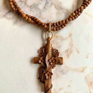 Vintage Victorian French Wooden Cross Necklace With Carved Flowers image 5