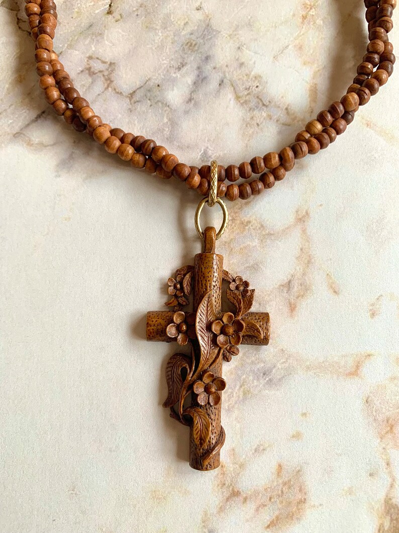 Vintage Victorian French Wooden Cross Necklace With Carved Flowers image 5