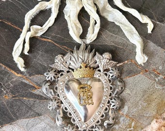 Antique Silver Ex Voto Flaming Sacred Heart Wall Decor Ornament