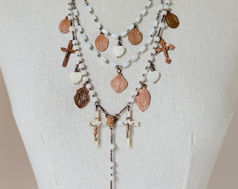 Vintage French Mother of Pearl Multi Cross & Virgin Mary Medals Rosary Chain Religious Charm Necklac