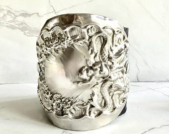 Vintage Victorian Silver Repousse' Cherub Cuff Bracelet On Black Leather Band