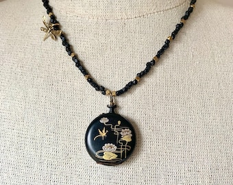 Vintage French Art Nouveau Pocket Watch Necklace, Hand-Painted Dragonfly & Water Lily Design