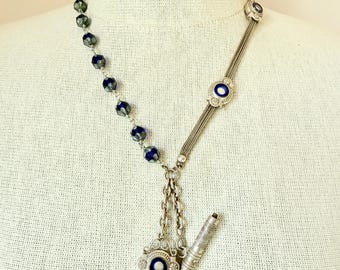 Vintage French Edwardian Sterling Silver Watch Chain Necklace With Glass & Gemstone Beads