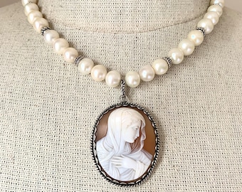 RESERVED-  Antique French Virgin Mary Carved Cameo Sterling Pendant Necklace With White Freshwater Pearls