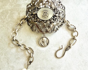 Vintage French Notre Dame Lourdes Silver Medallion Cuff Bracelet With Virgin Mary Charm