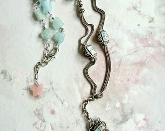 Vintage French Sterling Silver Enameled Watch Fob Chain Pendant Necklace With Aquamarine Gemstones