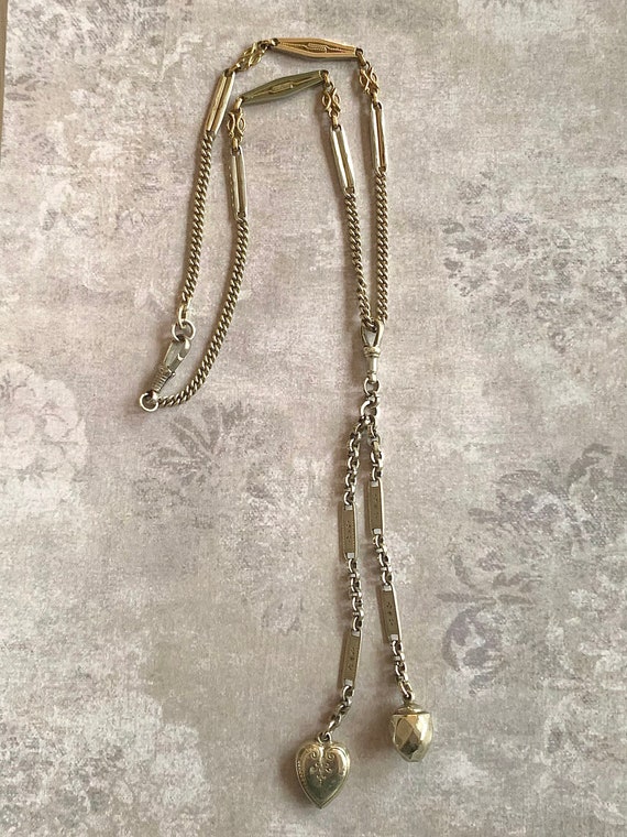 Vintage Edwardian Silver Watch Fob Chain Necklace Wit… Gem