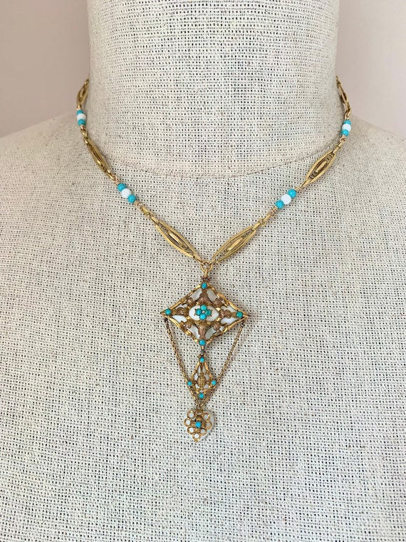 Vintage Victorian 14k Gold Filled Chalcedony & Tur