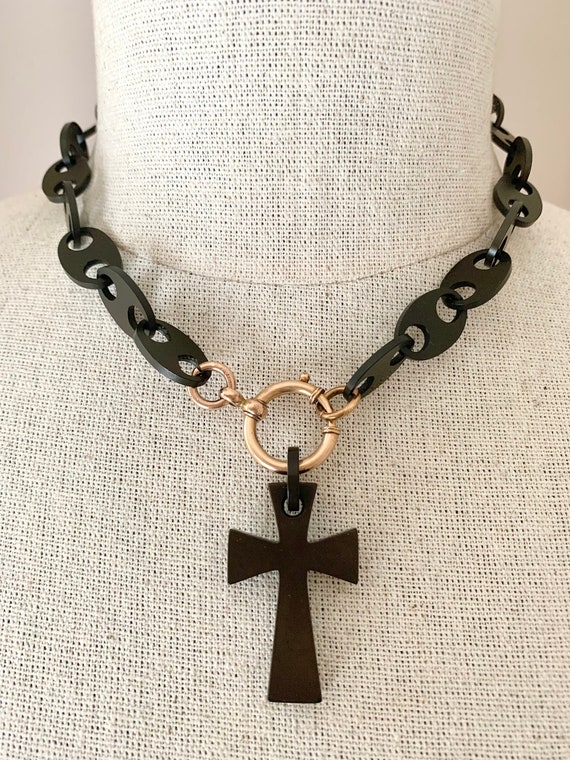 Antique Victorian Vulcanite Mourning Chain Cross … - image 2