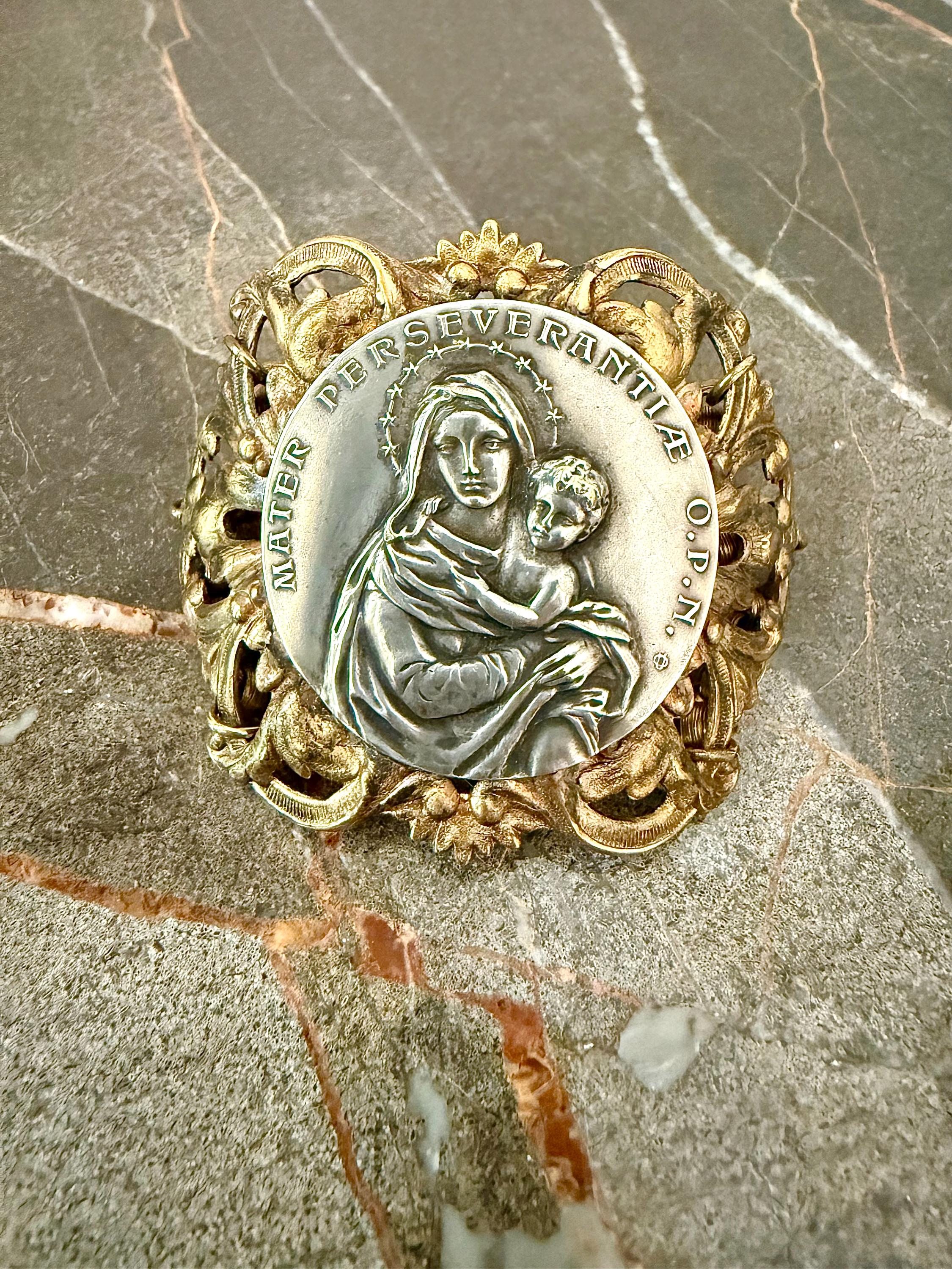 Vintage French Virgin Mary & Jesus Silver and Gold Medallion Religious ...