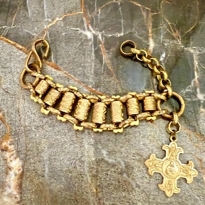 Antique Gold Gilt Book Chain Charm Bracelet With Vintage French Virgin Mary/Christ Cross Charm