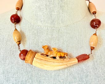 Vintage Carved Meerschaum Dog Necklace With Assorted Vintage Beads