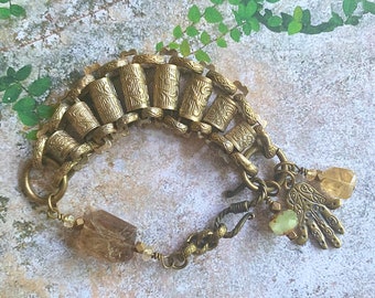 Vintage Etched Gold Book Chain Bracelet with Hamsa Charm, Citrine & Rutilated Quartz Gems