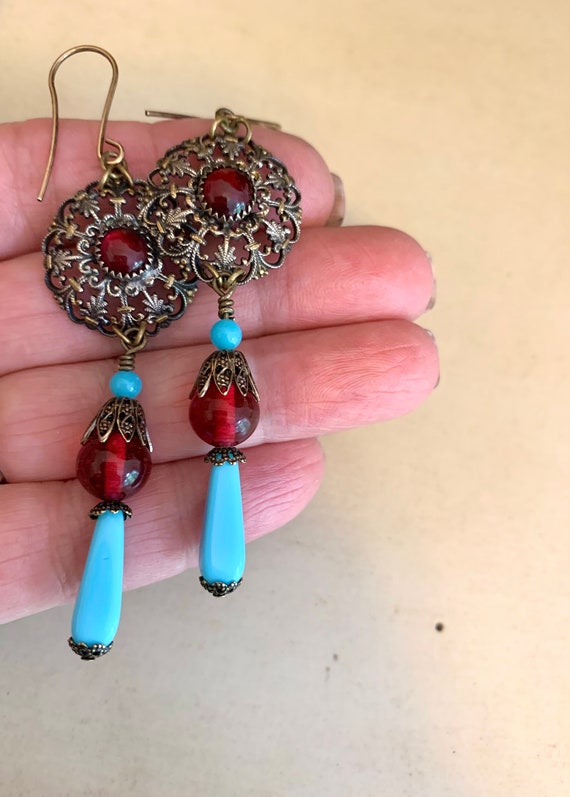 Vintage Edwardian Gilt Brass Filigree Dangle Drop Ear… Gem