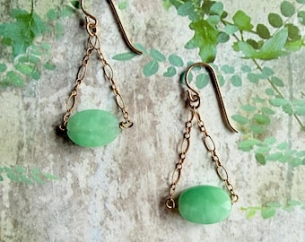 14k Gold Filled Green Chalcedony oval Dangle Drop Earrings